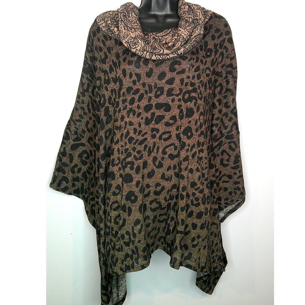 Myesper Apparel Cowl Neck Animal Print Oversized Poncho One Size
